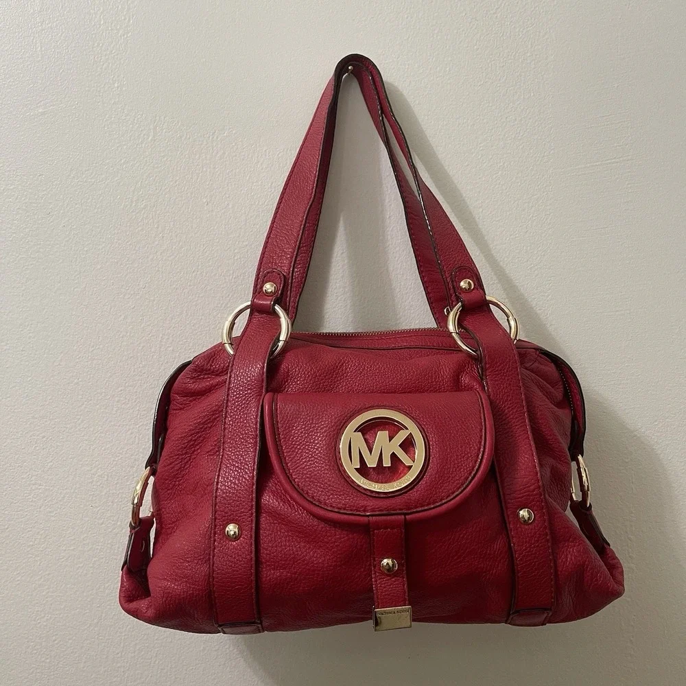 Michael Kors Red Pebbled Leather Shoulder Bag Gold Hardware Large Satchel Purse